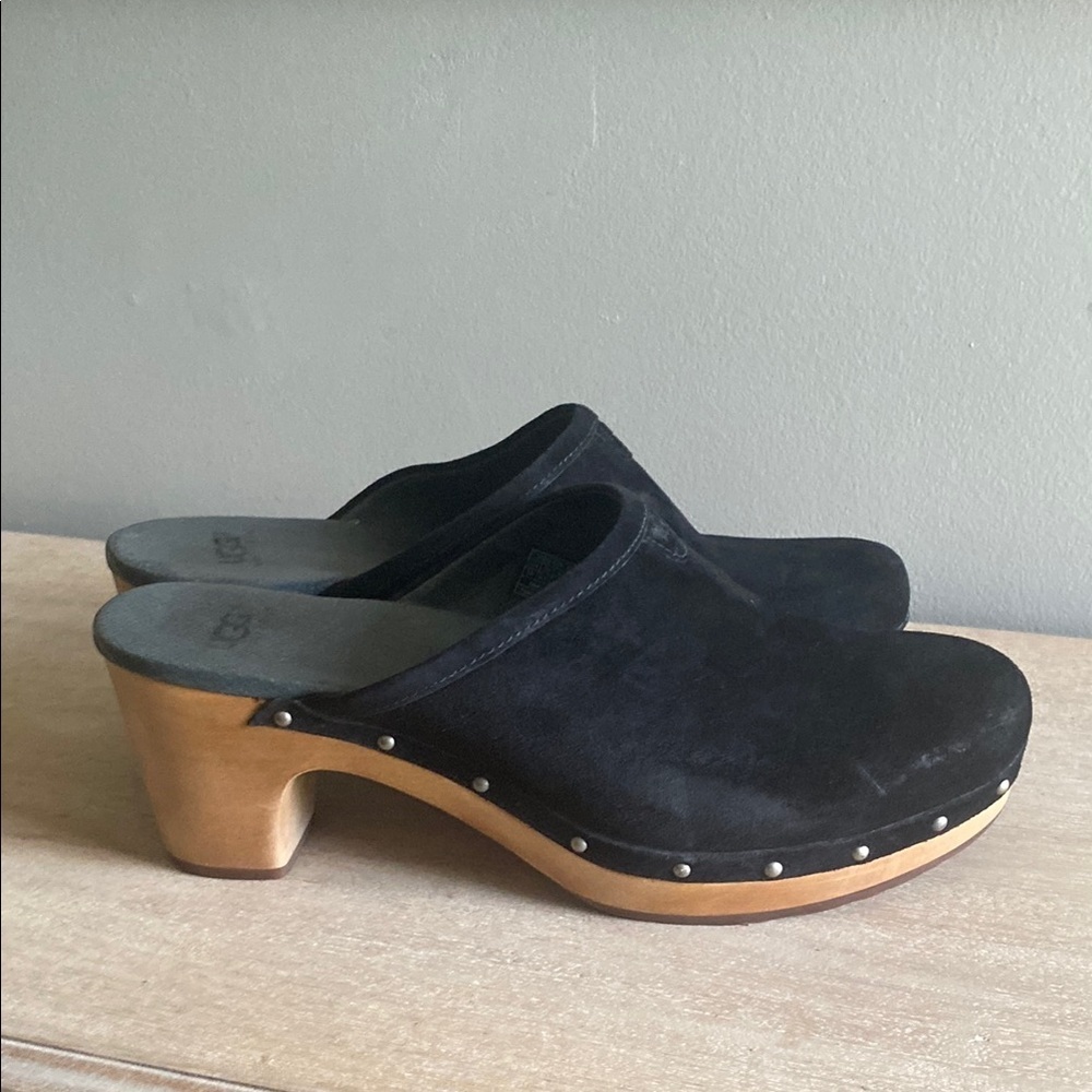 UGG Black Suede Mules with Tan Wooden Heel
